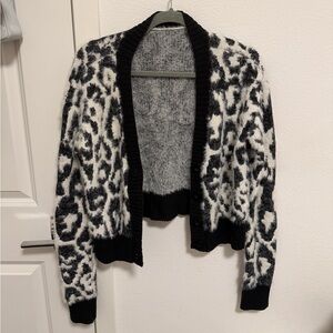 Black & White Leopard Print Fuzzy Open Cardigan Sweater